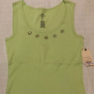 St John’s Bay, NWT, women’s green tank top, 100% linen, w/ accents on front, PM